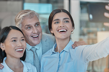 Image showing Selfie, happy and friends with a business team posing for a picture together in the office at work. Photograph, social media or smile with a man and woman employee group taking a seld portrait