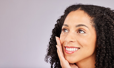 Image showing Black woman, salon beauty and mockup from skin glow and dermatology in a studio. Face, happiness and cosmetics of a young model with afro feeling happy from spa, facial and wellness treatment