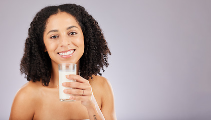 Image showing Portrait, milk nutrition and black woman in studio isolated on a gray background mockup. Face, health and wellness of female with healthy drink for vitamin d, diet or skincare, beauty and calcium.