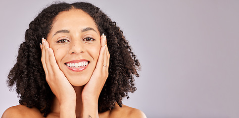 Image showing Skin glow, portrait and black woman with skincare with facial and beauty dermatology with mockup. Spa, self care and model face treatment feeling happiness from cosmetics and makeup with mock up
