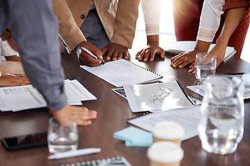 Image showing Hands, documents and contract with a business team signing paperwork in the office during a meeting. Accounting, collaboration or finance with a manager and employee group reading a checklist