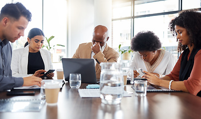 Image showing Stress, failure and tired business people in meeting, working on phone and laptop with error or mistake in office. Deadline, workload and frustrated corporate team burnout at audit, exhausted and 404