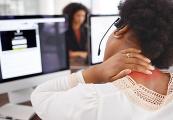 Image showing Hand, neck pain and call center with a black woman consultant working in customer service or support. Anatomy, posture and injury with a female telemarketing employee at work in ecommerce or sales