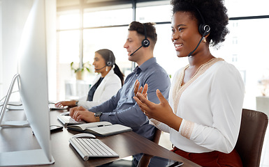 Image showing Black woman, call center and consulting for telemarketing, customer service or support at office desk. African American female consultant or agent talking or explaining in contact us for help advice