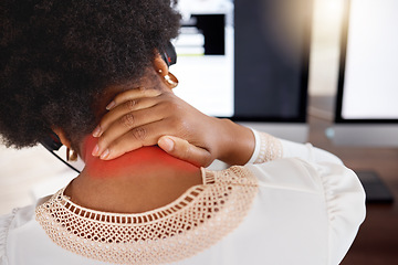 Image showing Black woman, neck pain and call center in back view with tired muscle, burnout stress and office computer. Crm consultant, workplace injury or customer service agent with strain, frustrated or hurt