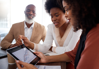 Image showing Tablet data, teamwork black people and analyst professional, stock market research and analytics planning. Company profit, business sales and revenue of happy employees with digital graphs and review