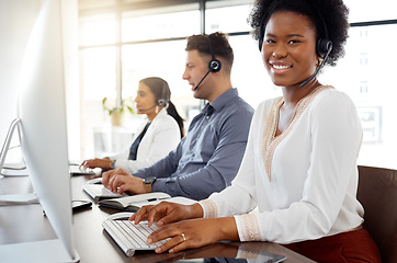 Image showing Black woman, call center and portrait smile on computer in telemarketing, customer service and support at office. Happy African American female consultant or agent smiling in contact us for advice