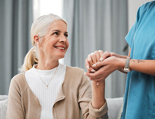 Image showing News, happy old woman or nurse holding hands in hospital consulting for medical test results for support. Empathy, hope or trusted doctor in healthcare clinic nursing or helping sick elderly patient