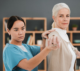 Image showing Senior patient, stretching and physiotherapy rehabilitation nurse help for fitness, muscle and support. Asian physiotherapist woman with elderly person for physical therapy, care and healing exercise