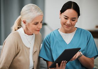 Image showing Tablet, news or nurse with old woman consulting after surgery or medical test results for support. Meeting, healthcare clinic or doctor reading or helping a sick elderly patient with an online report
