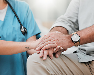 Image showing Nurse holding hands with old man in hospital consulting after surgery or medical test results for support. Empathy, healthcare clinic or doctor working or helping a depressed or sick elderly person