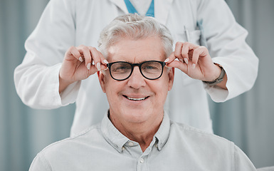 Image showing Glasses check, senior vision portrait and elderly man consulting optometry clinic for wellness. Happy, smile and old face with lens, frame and eyewear choice in store for help getting a prescription