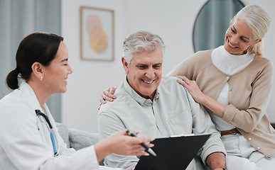 Image showing Nurse, healthcare and planning with a senior couple in their home, talking to a medicine professional. Medical, insurance or life cover with a mature man and woman meeting a medicine professional