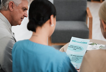 Image showing Senior couple, doctor and nurse document pamphlet for hospital and health paperwork. Woman, retirement conversation and nursing home advertisement in a wellness clinic with healthcare data
