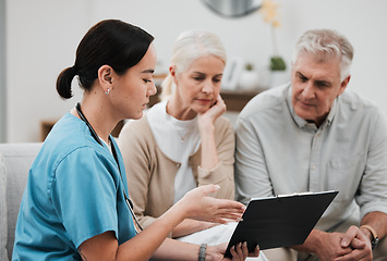 Image showing Senior couple, doctor and retirement plan chart questions for hospital and health help paperwork. Asian woman, conversation and consulting survey in a wellness clinic with data and policy report