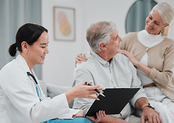 Image showing Nurse, healthcare and trust with a senior couple in their home, talking to a medicine professional. Medical, insurance or life cover with a mature man and woman meeting a nursing assistant in a house