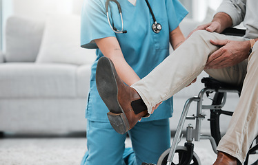 Image showing Physiotherapy woman, senior man and wheelchair for legs rehabilitation, recovery or nursing home care. Physiotherapist expert, helping hand and elderly patient for injury, disability and hurt muscle