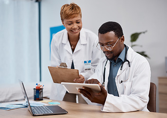 Image showing Teamwork, tablet and doctors in research training, hospital data and healthcare app management. Telehealth, digital technology and analysis of medical professional or black people working in office