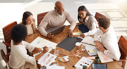 Image showing Creative business people, meeting and planning above in fashion design, brainstorming or strategy at office. Group of clothing designers in teamwork, project plan or color palette ideas for startup