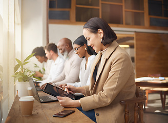 Image showing Working team, coffee shop and collaboration of web design group with technology in cafe. Diversity, analytics and research strategy writing of staff in a restaurant on tech at coworking space