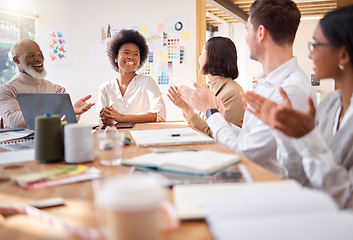 Image showing Creative business people, meeting and applause in planning for fashion design, success or strategy at office. Group of happy designers clapping hands for celebration, teamwork or promotion in startup