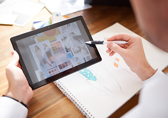 Image showing Fashion designer, tablet and hands of woman with drawing for ideas, clothes design and inspiration in creative studio. Boutique, workshop and girl with illustration, graphic and digital art on screen