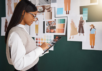 Image showing Fashion, designer with Indian woman and tablet, sketch on digital device with tech and design in workshop. Focus, creative with professional tailor and small business owner, drawing in workspace