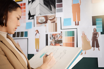 Image showing Fashion designer, planning and woman drawing creative sketch, color and ideas from moodboard. Clothes, production design and asian worker or person with palette for illustration development work