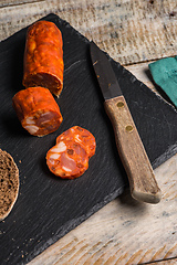 Image showing Malt loaf bread and chorizo slices