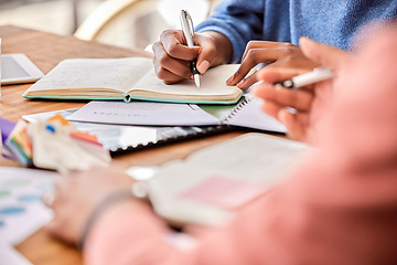 Image showing Meeting, planning and team writing notes while in discussion on a creative project in the office. Collaboration, teamwork and people brainstorming with notebooks while working on report in workplace.