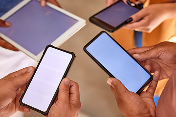 Image showing Group of people with phone screen or mockup space for digital planning, mobile app and multimedia networking. Hands with cellphone, tablet and technology for smartphone collaboration and data sharing