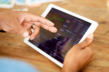 Image showing Stock market, investment and tablet with hands of person for chart, trading and forex research. Finance, data analysis and cryptocurrency with employee and graph for growth, technology and app