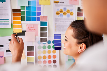 Image showing Designer, color palette and people planning creative project, brand development or b2b collaboration advice. Ideas brainstorming on moodboard of design worker, woman and client for choice or decision