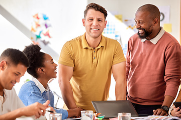 Image showing Teamwork, creative and portrait of business man in discussion, meeting and brainstorming ideas. Leadership, collaboration and workers smile for planning, marketing strategy and branding project