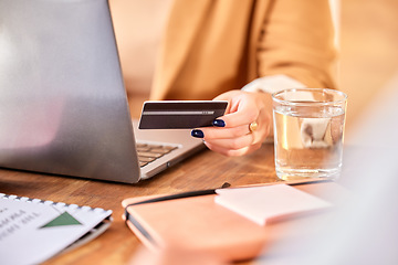 Image showing Online shopping, laptop and hand of woman with credit card for internet banking, ecommerce and payment. Fintech, business and female with computer for financial budget, website store and purchase