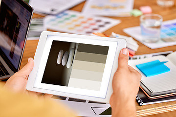 Image showing Tablet, graphic designer and color gradient with hands of person for planning, creative and art. Website, branding and edit with employee and screen for digital, developer and app in startup studio