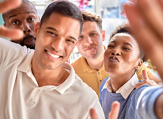 Image showing Business team, selfie and people portrait in office at creative workplace for funny team building. Happy diversity men and women staff together for company profile picture, collaboration and teamwork