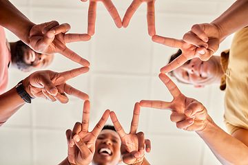 Image showing Star hands, together and people teamwork, happy collaboration and group synergy or support from below. Career diversity of employees, community or friends with v sign for unity, workflow and solution