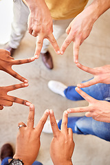 Image showing Peace, above and hands of business people in a star for team building, shape and support. Motivation, together and hands of employees with a sign for collaboration, friends and group solidarity