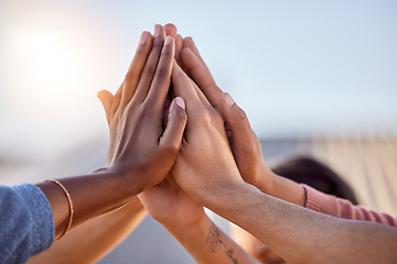 Image showing Hands, high five and people in support, teamwork and solidarity of success, agreement goal and diversity. Hand, partnership and celebrate collaboration of community, motivation and winner achievement