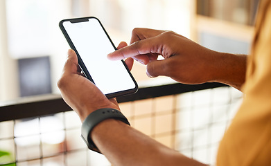 Image showing Phone screen, mockup and hands typing in city for product placement, marketing or advertising. Technology, branding space and black man with 5g mobile smartphone for social media and web browsing.