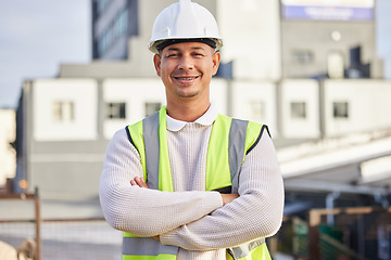 Image showing Architect man, outdoor portrait and arms crossed with leadership, smile and vision for property development. Architecture industry expert, engineer and focus for happiness, buildings and career goals