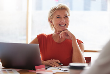 Image showing Laptop, thinking and management with a senior woman in business, sitting at a table in the boardroom. Computer, thinking and smile with a happy female in leadership working alone in her office