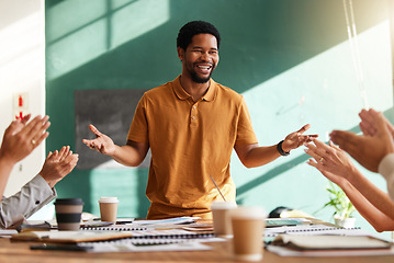 Image showing Training, applause and meeting with black man speaker for creative, planning and presentation in startup. Success, winner and celebration with group of people in workshop for target, support and wow