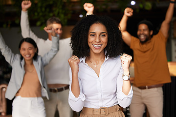 Image showing Black woman, team and business celebration portrait for winning, success and achievement. Diversity men and women with leader celebrate for company growth, bonus deal or goals cheering for teamwork