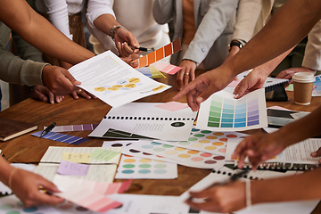 Image showing Creative business people, hands and color palette in meeting, planning or brainstorming design strategy at office. Hand of group interior designers in teamwork, project plan or swatches for startup