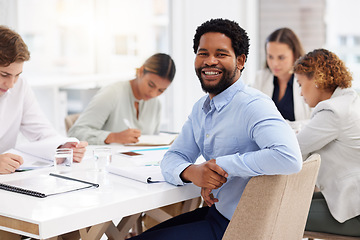 Image showing Happy black man, portrait and business meeting with team, management and staff in office for company workshop. Smile, motivation and male worker in startup, collaboration and corporate opportunity