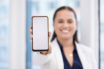 Image showing Phone screen, mockup and woman hand for business mobile app, ui ux design or product placement space. Website, social media person and online career professional show smartphone or cellphone mock up