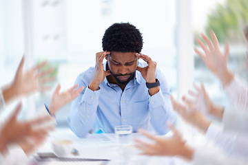 Image showing Black man, headache or stress in business meeting with team hands for mental health and anxiety. Corporate leader depression, burnout fatigue or conflict problem and frustrated in blur motion office