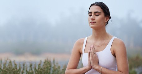 Image showing Yoga, mockup or woman in prayer in nature for spiritual meditation, peaceful or for worship outdoors. Fitness, lotus or healthy girl relaxing in balanced exercise to meditate with mindfulness freedom